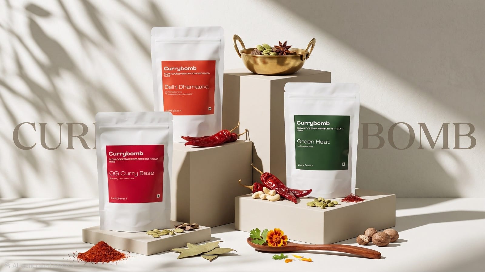 Currybomb frozen gravy base packs — Delhi Dhamaaka, OG Curry Base and Green Heat arranged with Indian spices